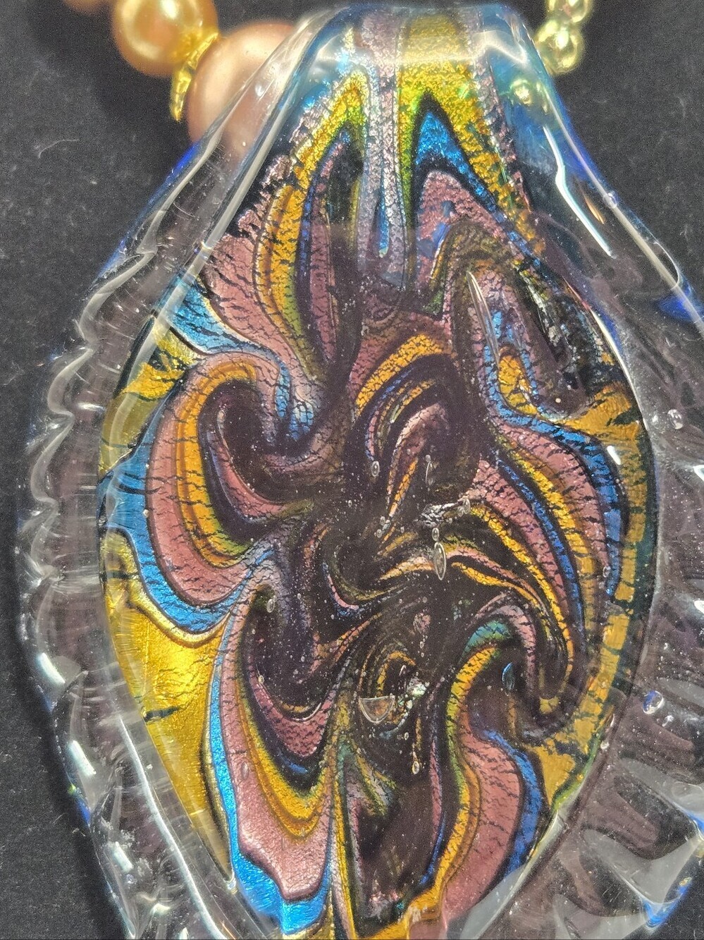 New! Artisan Glass Pendant Necklace Tear-drop Shaped Fused Glass Pendant & Beads - Picture 3 of 9